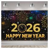 2026 Happy New Year Banner, 72x44 Inches - Golden Fabric New Year Backdrop for New Year