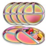 Bakpoco 9" Stainless Steel Toddler Plates Set of 6, Divided Plate for Kids & Baby, Non Toxic Unbreakable Dishes Dinnerware Adults Portion Control Snack Container, Colorful Meal Time Chums - Retail: $3
