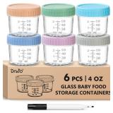 DRKIO 6 Pack Glass Baby Food Storage Containers - 4 Oz Baby Food Jars with Lids Baby Food Maker Microwave Dishwasher Freezer Safe 100% Leak Proof BPA Free Reusable - Retail: $10
