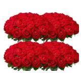 Wondrus Bulk Artificial Flowers 100 PCS, Fake Velvet Silk Red Roses with Long Stems Realistic Bouquet for Wedding Centerpieces, Faux Arrangement for Home Table Decor - Retail: $60