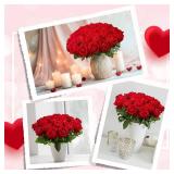 Wondrus Bulk Artificial Flowers 100 PCS, Fake Velvet Silk Red Roses with Long Stems Realistic Bouquet for Wedding Centerpieces, Faux Arrangement for Home Table Decor - Retail: $60