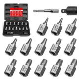 15 Pieces Screw Extractor Set, Easy Out Bolt Extractor Kit, 3/8" Inch Drive Hex Head Multi-Spline Bolt Remover Kit Tool for Removing Stripped, Broken Rusted Bolts Screws - Retail: $26