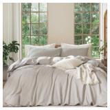 MooMee Bedding Duvet Cover Set 100% Washed Cotton Linen Like Textured Breathable Durable Soft Comfy (Heathered Cream Grey, Palatial King/Oversized King 120"x98") - Retail: $100