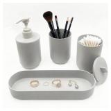 LGURT-4-piece Bathroom Accessories Set, with Toothbrush Holder, Lotion soap Dispenser, Qtip Holder Dispenser and Vanity Tray, Bathroom Counter top Vanity (Gray) - Retail: $9