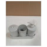 LGURT-4-piece Bathroom Accessories Set, with Toothbrush Holder, Lotion soap Dispenser, Qtip Holder Dispenser and Vanity Tray, Bathroom Counter top Vanity (Gray) - Retail: $9