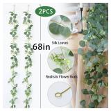 Mizii 2 Strands Artificial Vines Eucalyptus Garland 68" Fake Vine with Silk Leaves Green Garland Faux Hanging Plants Greenery Decoration for Bedroom Room Table Centerpieces Wedding Decor (Greenery) - 