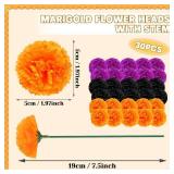 24Pcs Marigold Flower Heads Bulk, Mexican Artificial Marigold Flowers for Day of The Dead Decoration Wreath Garland Craft Diwali Dia De Los Muertos Halloween Home Decor Orange Purple Black - Retail: $