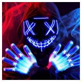 Halloween Led Mask, Light Up Mask and Gloves for Cosplay Costume (Blue), 3 Modes Scary Glow in The Dark Masks for Boys Girls Halloween Party Dress Up Accessories, Gifts Giving - Retail: $40