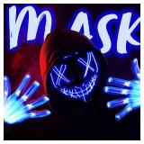 Halloween Led Mask, Light Up Mask and Gloves for Cosplay Costume (Blue), 3 Modes Scary Glow in The Dark Masks for Boys Girls Halloween Party Dress Up Accessories, Gifts Giving - Retail: $40
