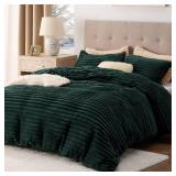 Fluffy Duvet Cover Set - Ultra Soft Plush Shaggy Comforter Cover King Size, Warm Flannel Fleece Bed Sets for Winter, 3 Pieces (Striped Pattern, Forest Green) - Retail: $80