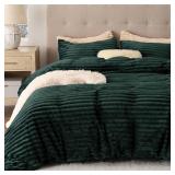 Fluffy Duvet Cover Set - Ultra Soft Plush Shaggy Comforter Cover King Size, Warm Flannel Fleece Bed Sets for Winter, 3 Pieces (Striped Pattern, Forest Green) - Retail: $80