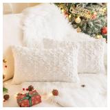 Set of 2 Christmas White Snowflake Throw Pillow Covers 12x20 Inch, Soft Faux Fur White Decorative Xmas Throw Pillows for Couch Sofa Holiday Winter Decor