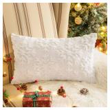 Set of 2 Christmas White Snowflake Throw Pillow Covers 12x20 Inch, Soft Faux Fur White Decorative Xmas Throw Pillows for Couch Sofa Holiday Winter Decor