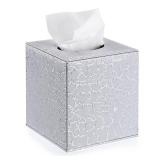 Square Leather Tissue Box Cover - Stylish Cube Tissue Box Holder with Magnetic Bottom, Decorative PU Tissue Box for Vanity Dresser Night Stand Table Countertop Home Office Car, Silver - Retail: $16