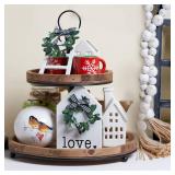 Farmhouse Tiered Tray Decor with Distressed Wood Bead Garland, Decorative 2 Tiered Serving Tray with Metal Handle for Rustic Home Decor - Retail: $27