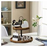 Farmhouse Tiered Tray Decor with Distressed Wood Bead Garland, Decorative 2 Tiered Serving Tray with Metal Handle for Rustic Home Decor - Retail: $27