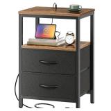 Huuger Nightstand with Charging Station, Side Table with Fabric Drawers, End Table with Open Shelf, Bedside Table with USB Ports and Outlets, Night Stand for Bedroom, Rustic Brown and Black