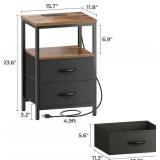 Huuger Nightstand with Charging Station, Side Table with Fabric Drawers, End Table with Open Shelf, Bedside Table with USB Ports and Outlets, Night Stand for Bedroom, Rustic Brown and Black