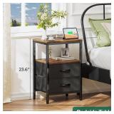 Huuger Nightstand with Charging Station, Side Table with Fabric Drawers, End Table with Open Shelf, Bedside Table with USB Ports and Outlets, Night Stand for Bedroom, Rustic Brown and Black