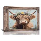 Farmhouse Highland Cow Decor Wall Art, Funny Bathroom Sign Pictures, Floral Highland Cow Canvas Painting, Funny Animal Framed Artwork for Bathroom Bedroom Decor 24L
