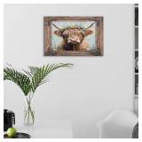 Farmhouse Highland Cow Decor Wall Art, Funny Bathroom Sign Pictures, Floral Highland Cow Canvas Painting, Funny Animal Framed Artwork for Bathroom Bedroom Decor 24L