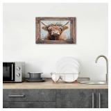 Farmhouse Highland Cow Decor Wall Art, Funny Bathroom Sign Pictures, Floral Highland Cow Canvas Painting, Funny Animal Framed Artwork for Bathroom Bedroom Decor 24L