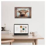 Farmhouse Highland Cow Decor Wall Art, Funny Bathroom Sign Pictures, Floral Highland Cow Canvas Painting, Funny Animal Framed Artwork for Bathroom Bedroom Decor 24L