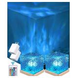 2 Packs Ocean Lamp with Charger Adapters,Northern Lights Cube Ocean Wave Projector Light,16 Colors Aurora Glow with Remote Control for Bedroom Living Room Game Room Decor