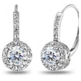 Sterling Silver Round Dainty Halo Leverback Earrings Made with AAA Cubic Zirconia