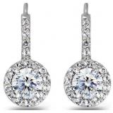 Sterling Silver Round Dainty Halo Leverback Earrings Made with AAA Cubic Zirconia