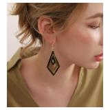 Ozel - Natural Wooden Acrylic Boho Drop Dangle Earrings for Women - Geometric Statement Jewellery - Brown, Black, Magent Red, Olive Green, White beige