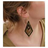 Ozel - Natural Wooden Acrylic Boho Drop Dangle Earrings for Women - Geometric Statement Jewellery - Brown, Black, Magent Red, Olive Green, White beige