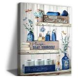 BJVJKSU Navy Blue Bathroom Decor Wall Art Rustic Blue Bathroom Canvas Wall Decor Please Seat Yourself Sign Print Painting Vintage Aesthetic Picture Artwork Decor(16x24in)