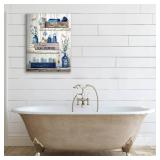 BJVJKSU Navy Blue Bathroom Decor Wall Art Rustic Blue Bathroom Canvas Wall Decor Please Seat Yourself Sign Print Painting Vintage Aesthetic Picture Artwork Decor(16x24in)