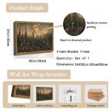 Vintage Nature Forest Wall Art Dark Moon Landscape Painting Wall Decor Woodland Picture Artwork 3D Textured Hand Drawn Sandstone for Farmhouse Bedroom Living Room 24x36 inch Wood Framed