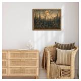 Vintage Nature Forest Wall Art Dark Moon Landscape Painting Wall Decor Woodland Picture Artwork 3D Textured Hand Drawn Sandstone for Farmhouse Bedroom Living Room 24x36 inch Wood Framed