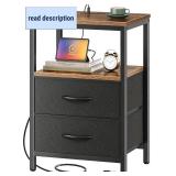 Huuger Nightstand with Charging Station, Side Table with Fabric Drawers, End Table with Open Shelf, Bedside Table with USB Ports and Outlets, Night Stand for Bedroom, Rustic Brown and Black