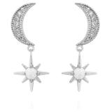 925 Sterling Silver Cubic Zirconia Dangle Crescent Moon and Star Opal Drop Earrings