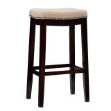 Linon Claridge Backless Nailhead Saddle Barstool Linen: Upholstered, Rubberwood Legs, Fixed Height 32.25\ - Retail: $188"