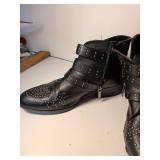 Studded Black Leather Ankle Boots with Buckle Straps