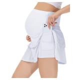 Maternity Tennis Golf Skirt Over The Belly Flowy Pregnancy Athletic Skorts Built-in Shorts High Waisted Ruffle Pockets White Small Retail $29