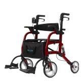 ELENKER 2 in 1 Rollator Walker & Transport Chair for Seniors, Folding Rolling Walker Wheelchair Combo with Wide Seat and Shock Absorber, Red - Retail: $131