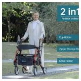 ELENKER 2 in 1 Rollator Walker & Transport Chair for Seniors, Folding Rolling Walker Wheelchair Combo with Wide Seat and Shock Absorber, Red - Retail: $131