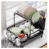 Runnatal 2-Tier Dish Drying Rack, Large Dish Rack with Drainboard Set, Detachable 4-in-1 Large Capacity Dish Drainer Over The Sink Anti-Rust for Kitchen Counter, Black - Retail: $28