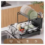 Runnatal 2-Tier Dish Drying Rack, Large Dish Rack with Drainboard Set, Detachable 4-in-1 Large Capacity Dish Drainer Over The Sink Anti-Rust for Kitchen Counter, Black - Retail: $28