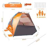 Oileus X-Large 4 Person Beach Tent Sun Shelter - Portable Sun Shade Instant Tent for Beach with Carrying Bag, Stakes, 6 Sand Pockets, Anti UV for Fishing Hiking Camping, Waterproof Windproof, Orange -