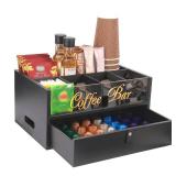 Intarsio 2-Tier Coffee Bar Organizer with Clear Acrylic Top, Built-in Drawer and Leather Handle Pull for Countertop, Stylish Coffee Station Storage Box for Accessories, Pods, Great Gifts for Home - Re