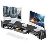 gianotter Dual Monitor Stand Riser, Desk Organizer With Drawer and 2 Pen Holders, Computer Monitor Stand, Shelf for Top of Desk, Black - Retail: $29