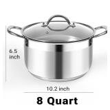 Kirecoo Stainless Steel Stock Pot - 8 Quart Heavy Duty Induction Cooking Pot with Visible Lid for Pasta, Soup, Spaghetti, Nonstick Thick Bottom Big Stockpot, Deep Cookware for Canning, Boiling, Simmer