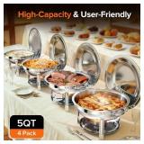 Chafing Dishes for Buffet, 4 Pack 5QT Round Stainless Steel Chafing Dish Set with Lid Holder for Home Parties, Christmas Gatherings, Catering Events, Complete Buffet Warmer Set - Silver - Retail: $130
